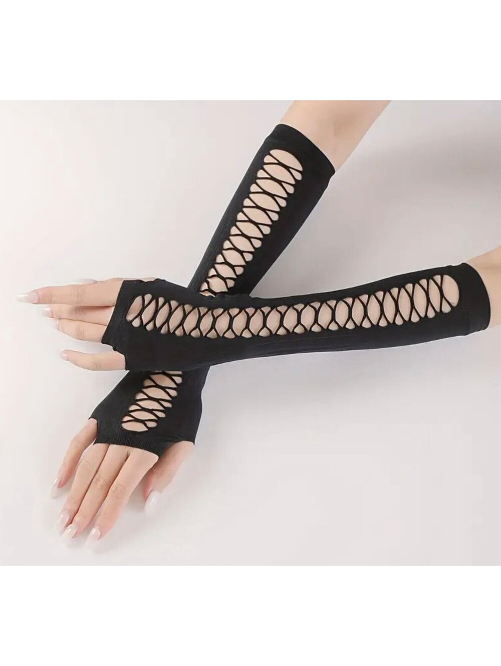 New -Chic -Y2K-Inspired Ripped Hollowed Out Fingerless Gloves -Black